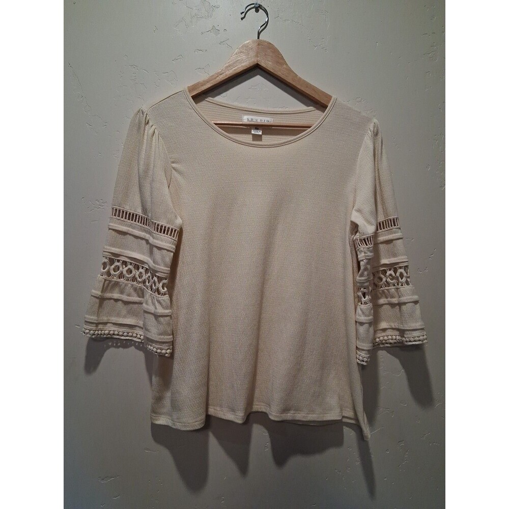 Studio JPR Women's Size PM, Ivory Cream Top, 3/4 Crochet Lace Bell Sleeve Boho